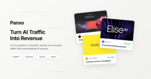 Panxo platform interface visualizing real-time identification and monetization of web traffic referred by conversational AI sources such as ChatGPT and Perplexity.